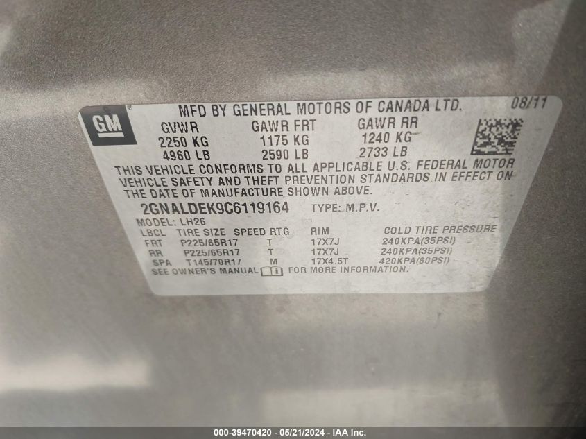 2012 Chevrolet Equinox 1Lt VIN: 2GNALDEK9C6119164 Lot: 39470420