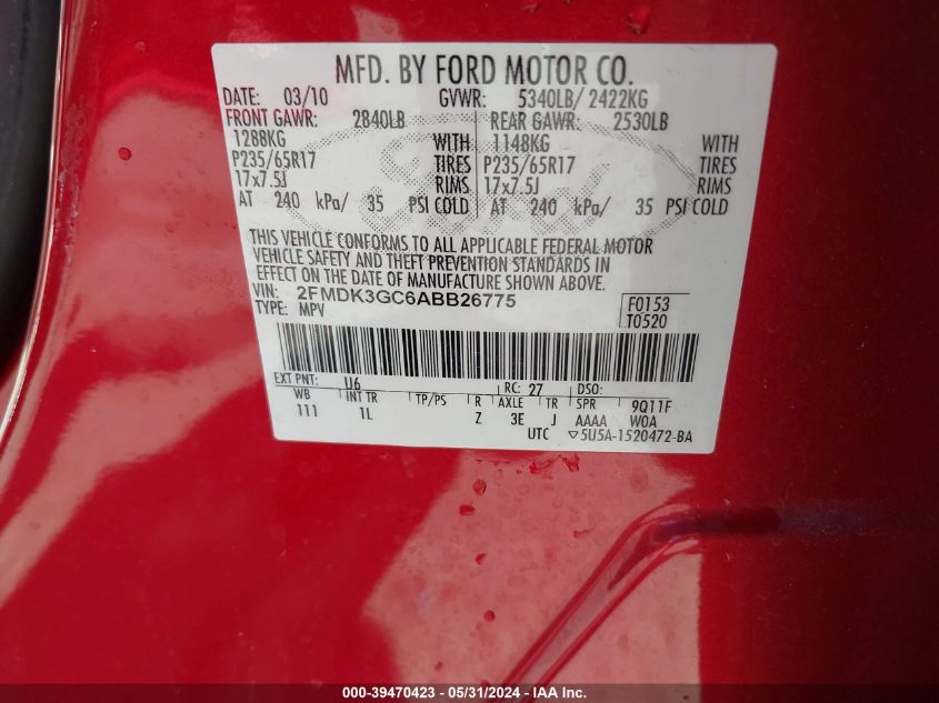 2010 Ford Edge Se VIN: 2FMDK3GC6ABB26775 Lot: 39470423