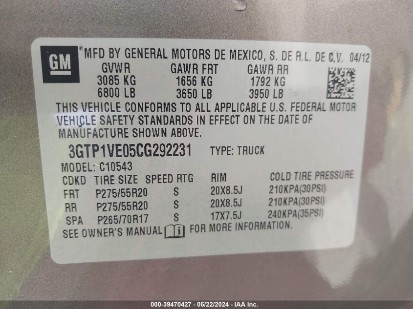 2012 GMC Sierra 1500 Sle VIN: 3GTP1VE05CG292231 Lot: 39470427