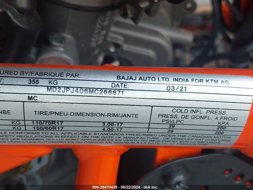 2021 Ktm 390 Duke VIN: MD2JPJ406MC266671 Lot: 39470439