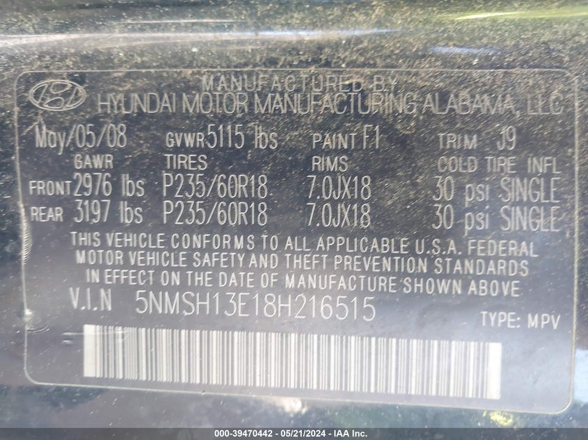2008 Hyundai Santa Fe Limited/Se VIN: 5NMSH13E18H216515 Lot: 39470442