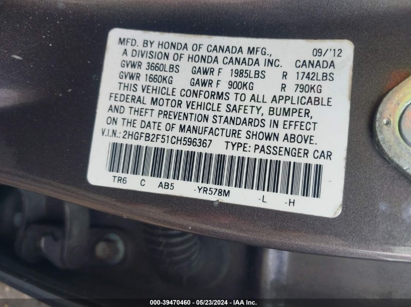 2012 Honda Civic Lx VIN: 2HGFB2F51CH596367 Lot: 39470460