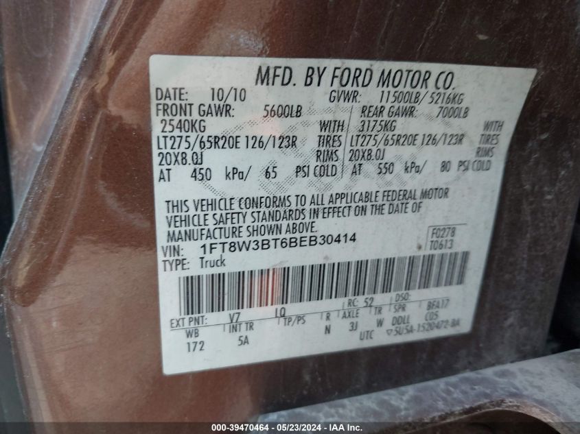 2011 Ford F-350 Lariat VIN: 1FT8W3BT6BEB30414 Lot: 39470464