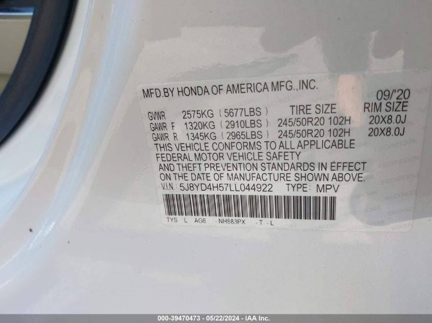 2020 Acura Mdx Technology Package VIN: 5J8YD4H57LL044922 Lot: 39470473
