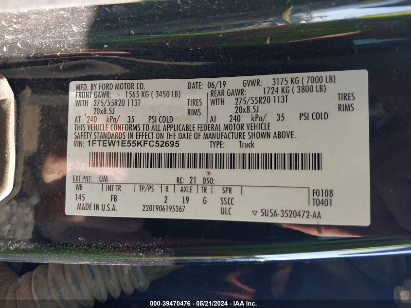 2019 Ford F-150 Xlt VIN: 1FTEW1E55KFC52695 Lot: 39470476
