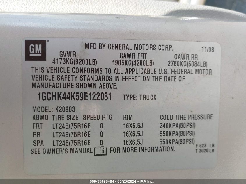 2009 Chevrolet Silverado 2500Hd Work Truck VIN: 1GCHK44K59E122031 Lot: 39470484