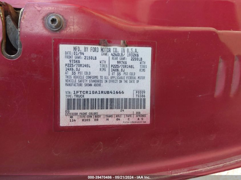 1994 Ford Ranger VIN: 1FTCR10A1RUB41666 Lot: 39470486