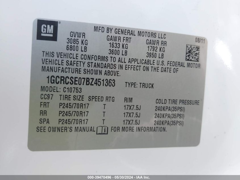 2011 Chevrolet Silverado 1500 Lt VIN: 1GCRCSE07BZ451363 Lot: 39470496