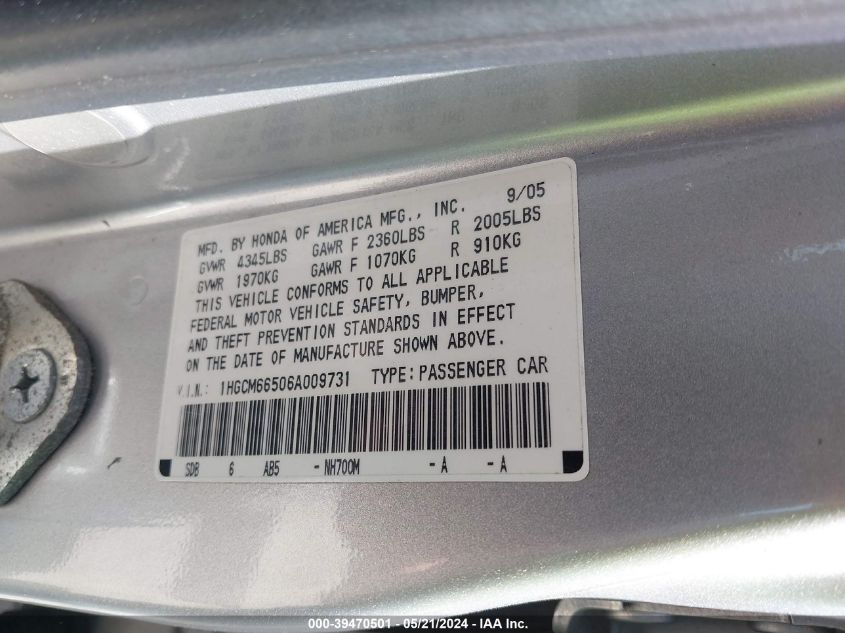 2006 Honda Accord 3.0 Ex VIN: 1HGCM66506A009731 Lot: 39470501