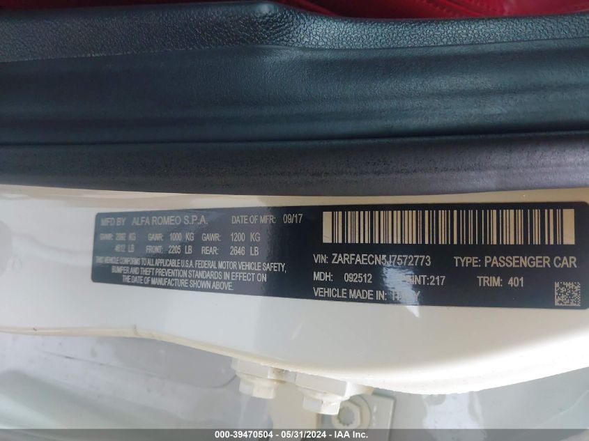 2018 Alfa Romeo Giulia Ti Sport Rwd VIN: ZARFAECN5J7572773 Lot: 39470504