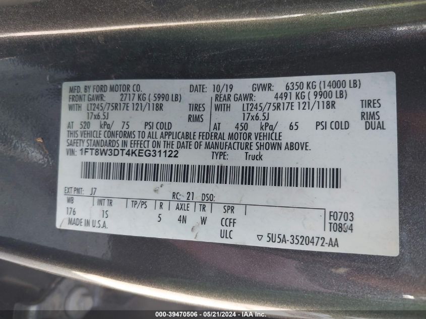 2019 Ford F-350 Xl VIN: 1FT8W3DT4KEG31122 Lot: 39470506