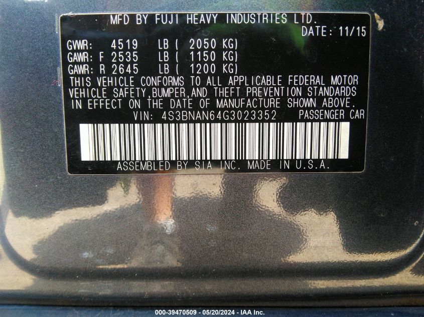 2016 Subaru Legacy 2.5I Limited VIN: 4S3BNAN64G3023352 Lot: 39470509