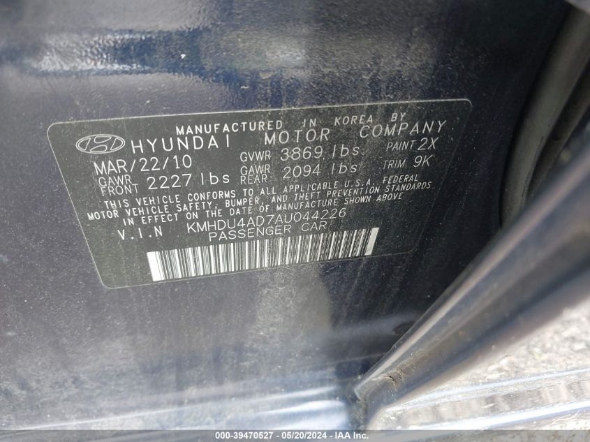 2010 Hyundai Elantra Gls VIN: KMHDU4AD7AU044226 Lot: 39470527