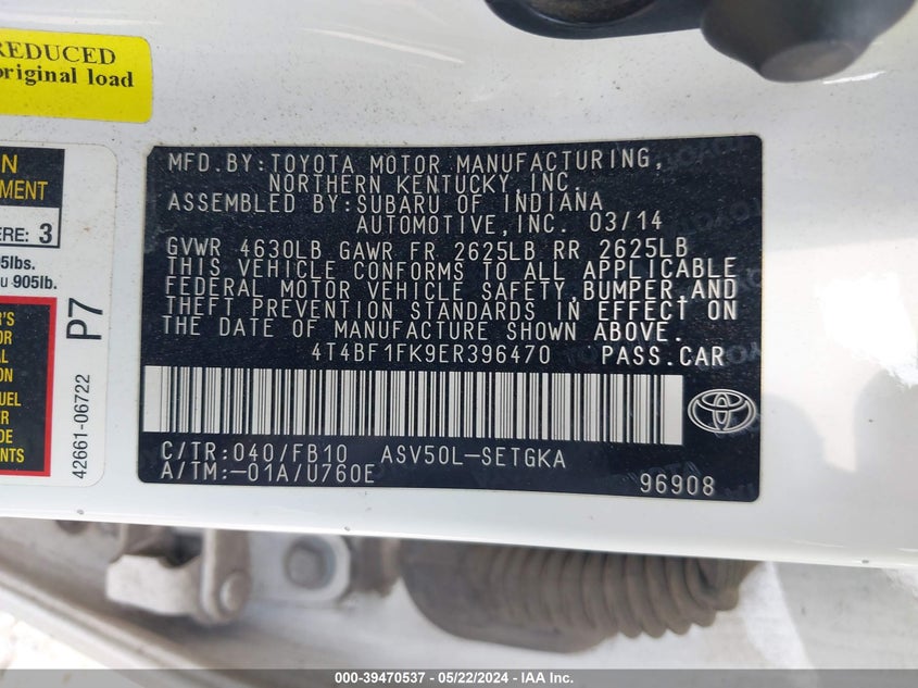 2014 Toyota Camry Xle VIN: 4T4BF1FK9ER396470 Lot: 39470537