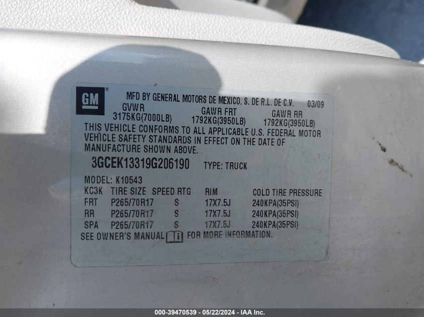 2009 Chevrolet Silverado 1500 Work Truck VIN: 3GCEK13319G206190 Lot: 39470539