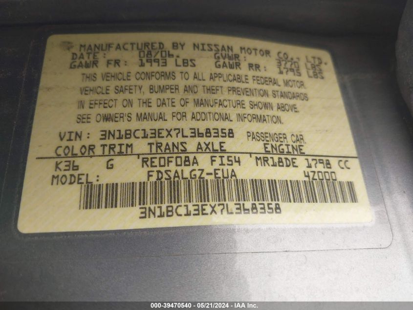 2007 Nissan Versa 1.8Sl VIN: 3N1BC13EX7L368358 Lot: 39470540