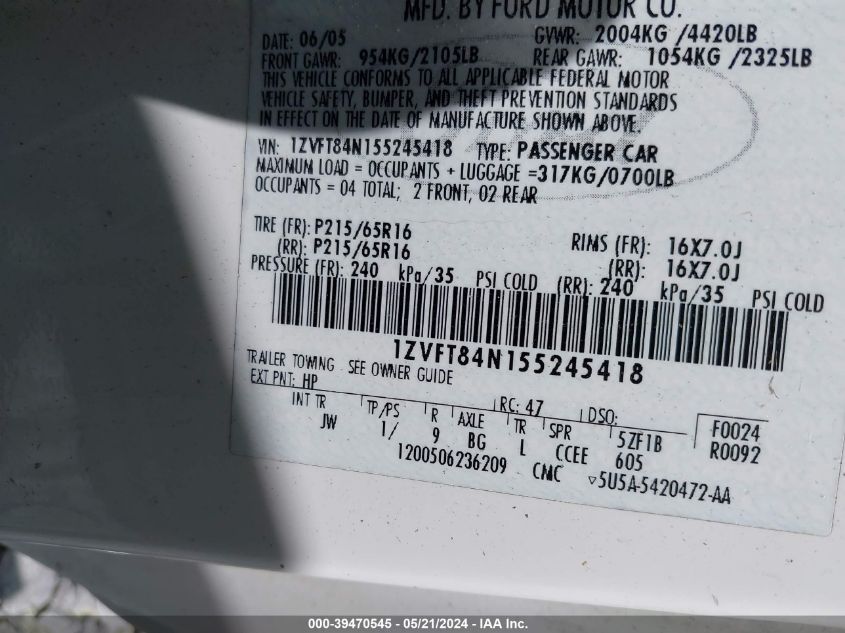 2005 Ford Mustang VIN: 1ZVFT84N155245418 Lot: 39470545