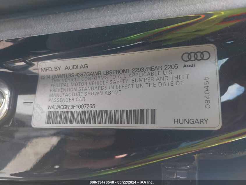 2015 Audi A3 1.8T Premium VIN: WAUACGFF3F1007265 Lot: 39470548