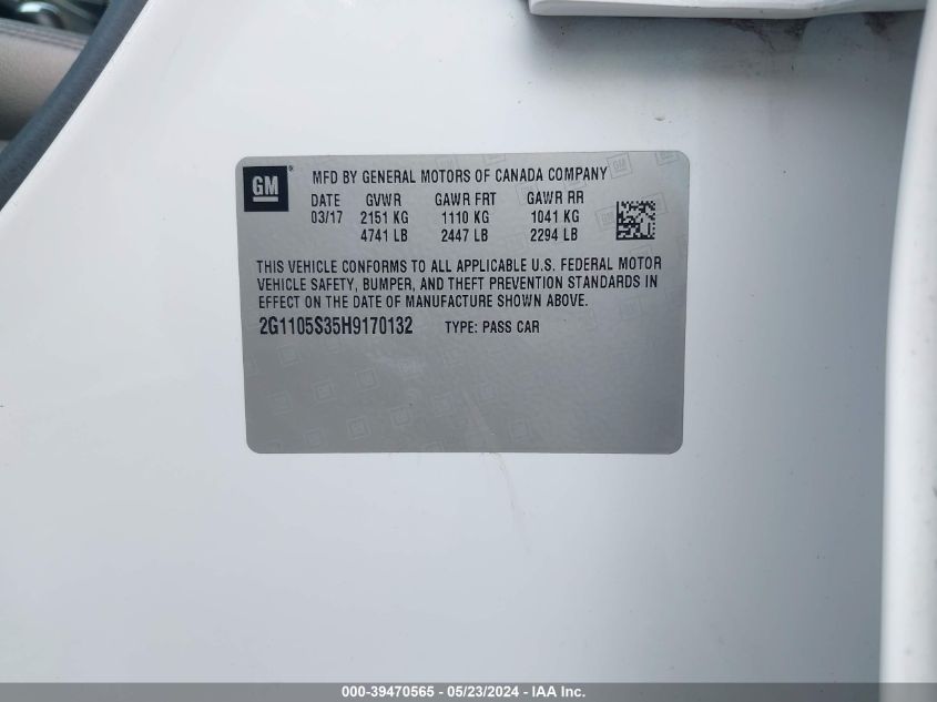 2017 Chevrolet Impala 1Lt VIN: 2G1105S35H9170132 Lot: 39470565