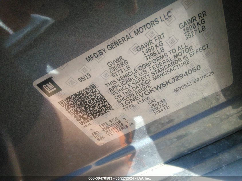 2019 Chevrolet Traverse 1Lt VIN: 1GNEVGKW5KJ294050 Lot: 39470583