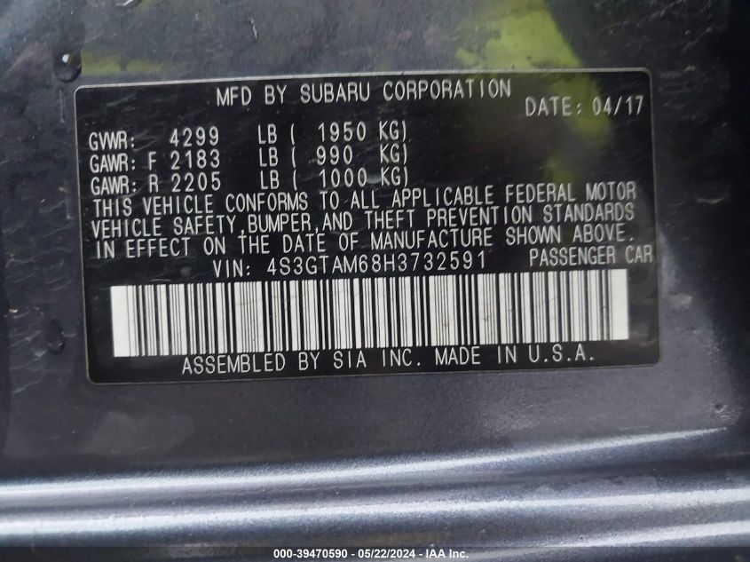 2017 Subaru Impreza 2.0I Sport VIN: 4S3GTAM68H3732591 Lot: 39470590