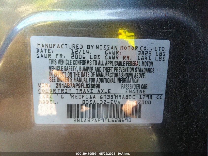 2015 Nissan Sentra Sv VIN: 3N1AB7AP9FL628690 Lot: 39470599