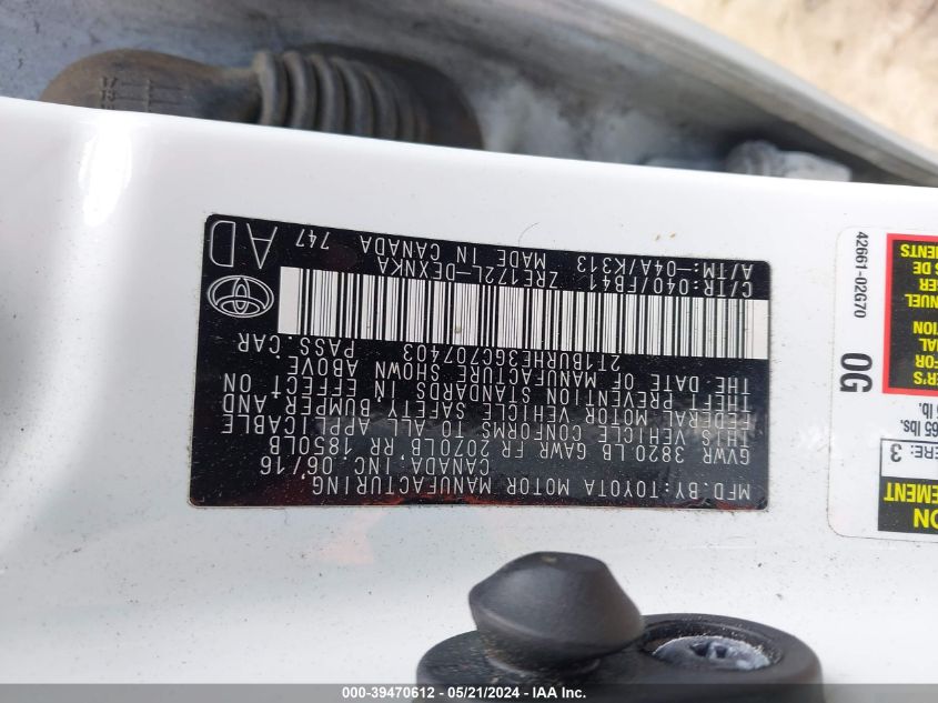 2016 Toyota Corolla Le VIN: 2T1BURHE3GC707403 Lot: 39470612