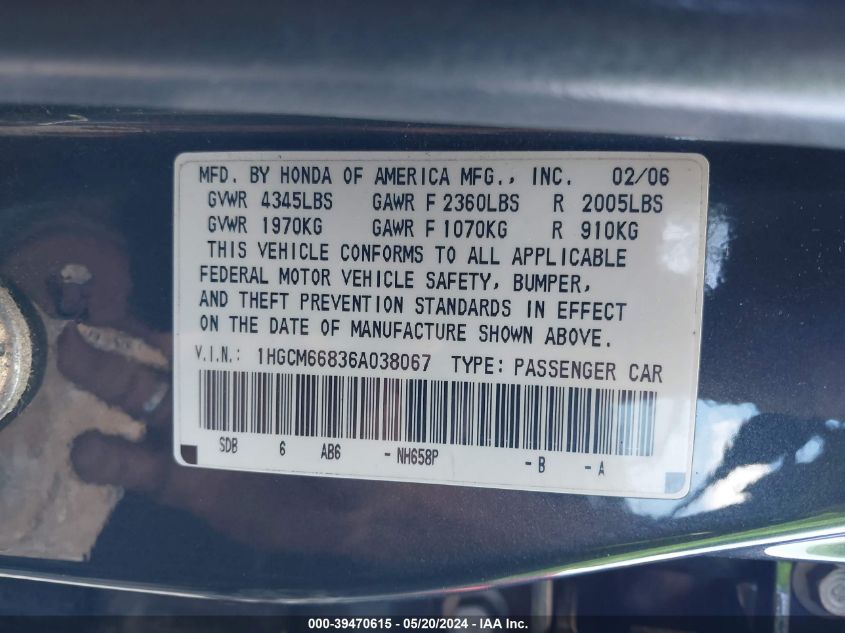2006 Honda Accord 3.0 Ex VIN: 1HGCM66836A038067 Lot: 39470615
