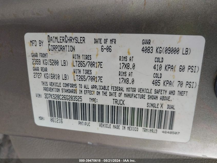 2006 Dodge Ram 2500 Slt/Trx4 Off Road/Sport/Power Wagon VIN: 3D7KS28C26G283525 Lot: 39470618