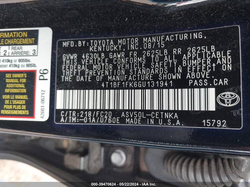 2016 Toyota Camry Le VIN: 4T1BF1FK6GU131941 Lot: 39470624