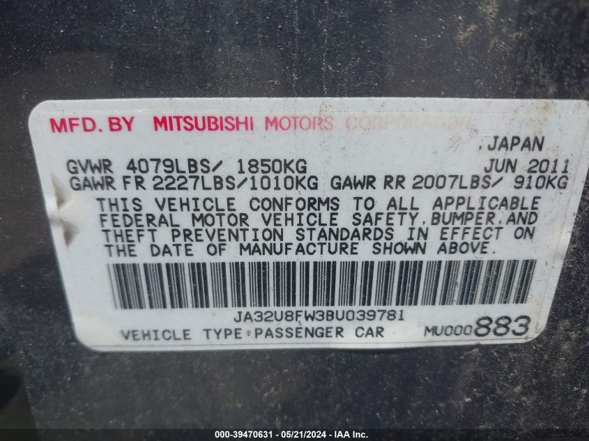 2011 Mitsubishi Lancer Gts VIN: JA32U8FW3BU039781 Lot: 39470631