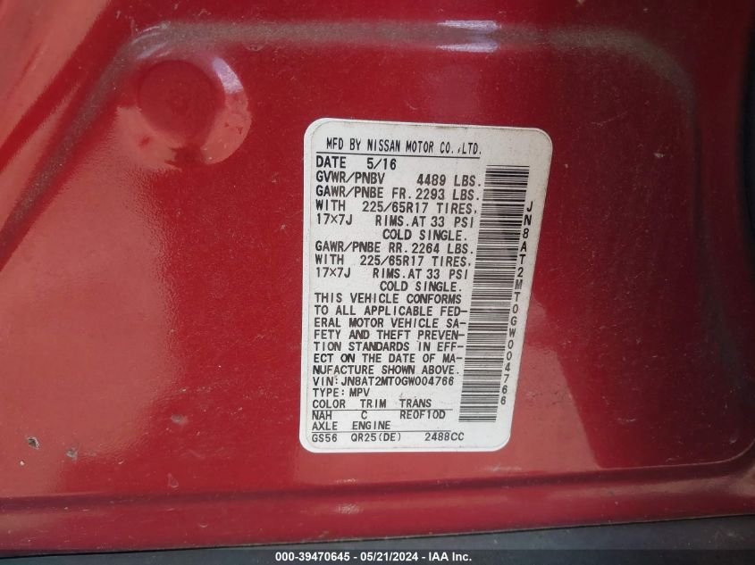 2016 Nissan Rogue S VIN: JN8AT2MT0GW004766 Lot: 39470645