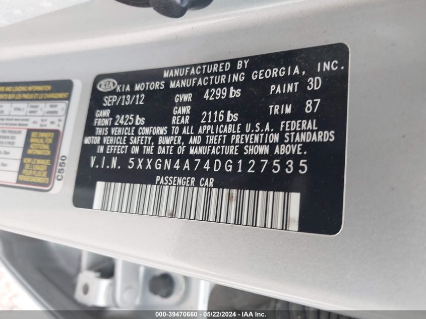 2013 Kia Optima Ex VIN: 5XXGN4A74DG127535 Lot: 39470660