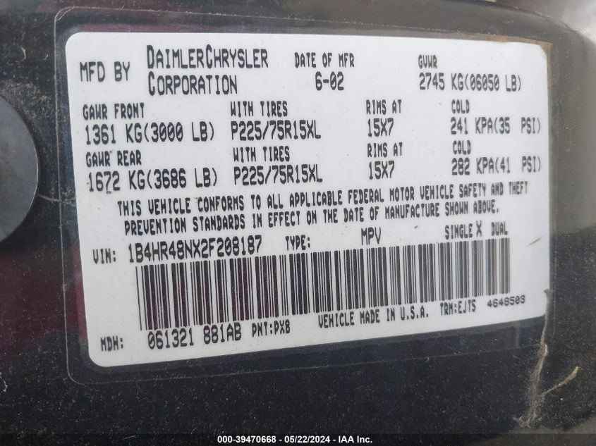 2002 Dodge Durango Slt VIN: 1B4HR48NX2F208187 Lot: 39470668