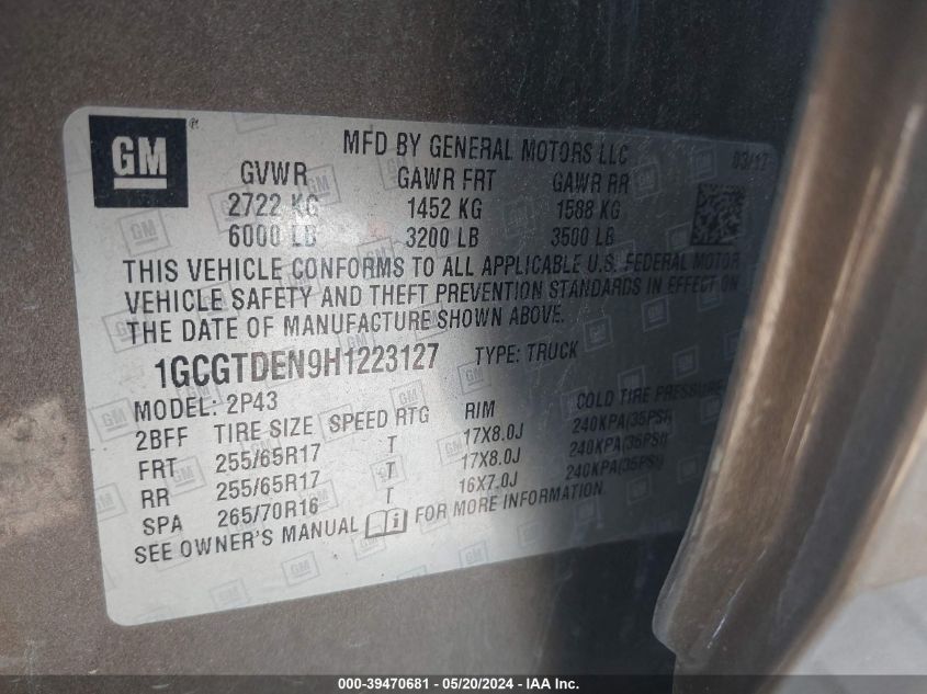 2017 Chevrolet Colorado Z71 VIN: 1GCGTDEN9H1223127 Lot: 39470681