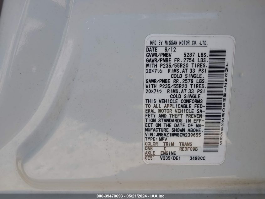 2012 Nissan Murano Le VIN: JN8AZ1MW8CW239655 Lot: 39470693