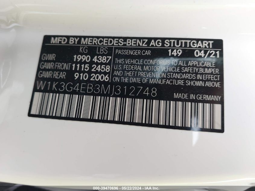 2021 Mercedes-Benz A 220 VIN: W1K3G4EB3MJ312748 Lot: 39470696