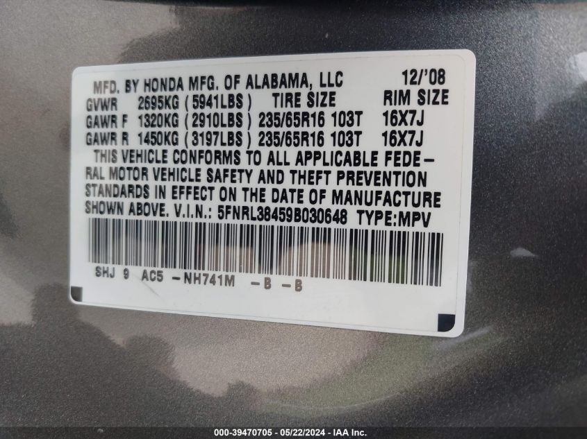 2009 Honda Odyssey Ex VIN: 5FNRL38459B030648 Lot: 39470705