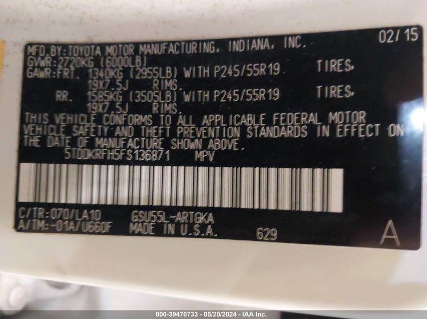 2015 Toyota Highlander Limited V6 VIN: 5TDDKRFH5FS136871 Lot: 39470733