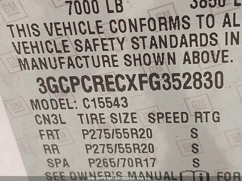 2015 Chevrolet Silverado 1500 1Lt VIN: 3GCPCRECXFG352830 Lot: 39470749