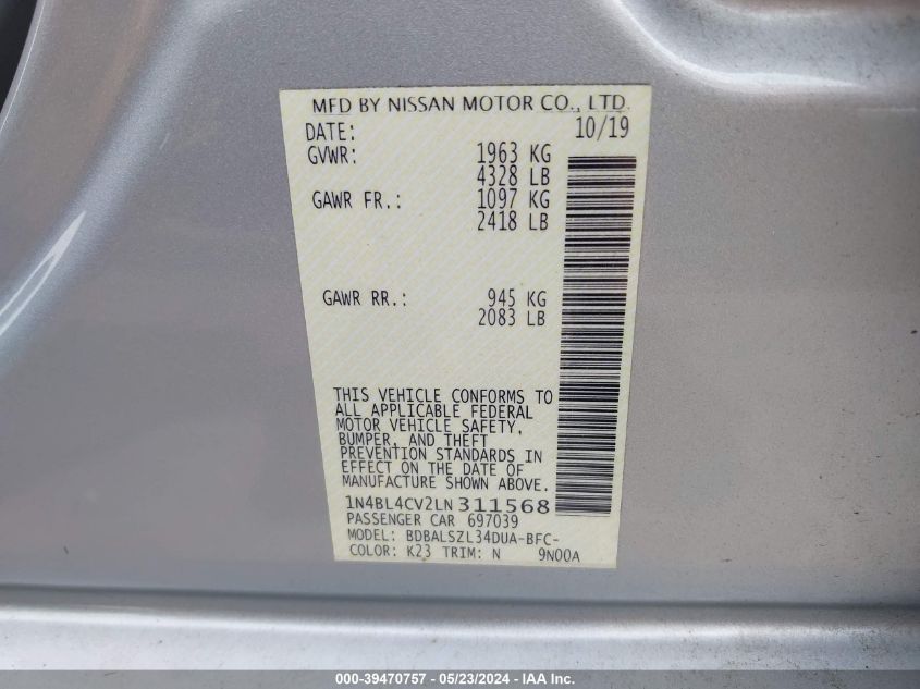 2020 Nissan Altima Sr Fwd VIN: 1N4BL4CV2LN311568 Lot: 39470757