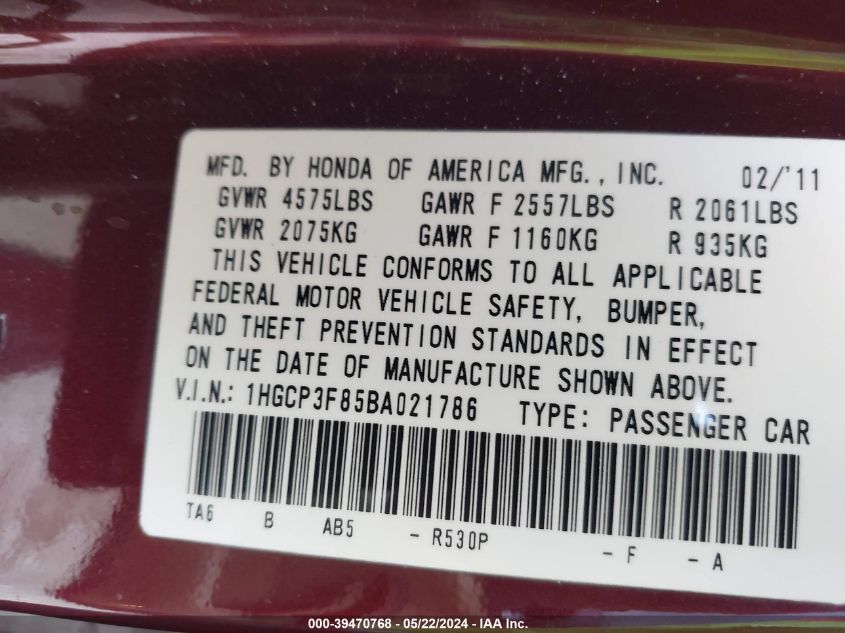2011 Honda Accord 3.5 Ex-L VIN: 1HGCP3F85BA021786 Lot: 39470768