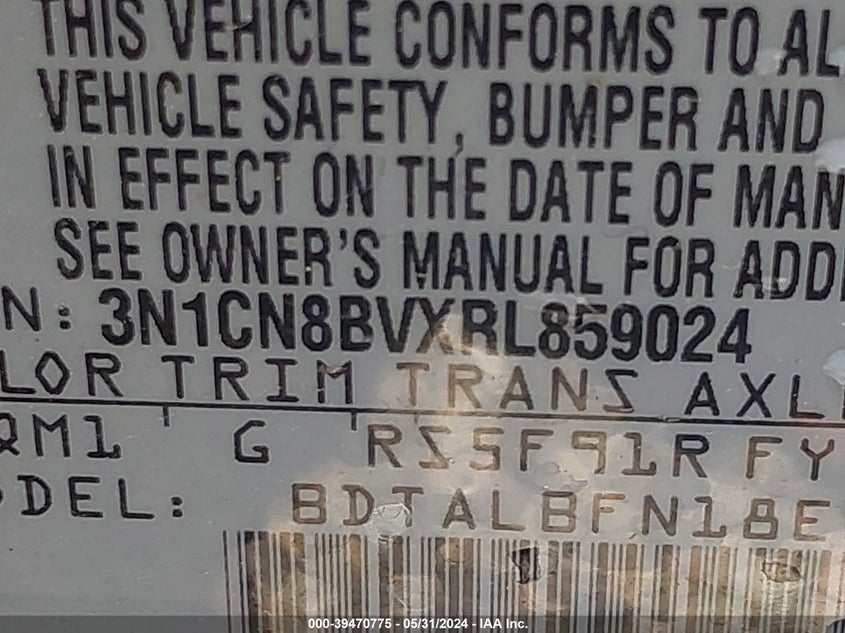 2024 Nissan Versa 1.6 S VIN: 3N1CN8BVXRL859024 Lot: 39470775