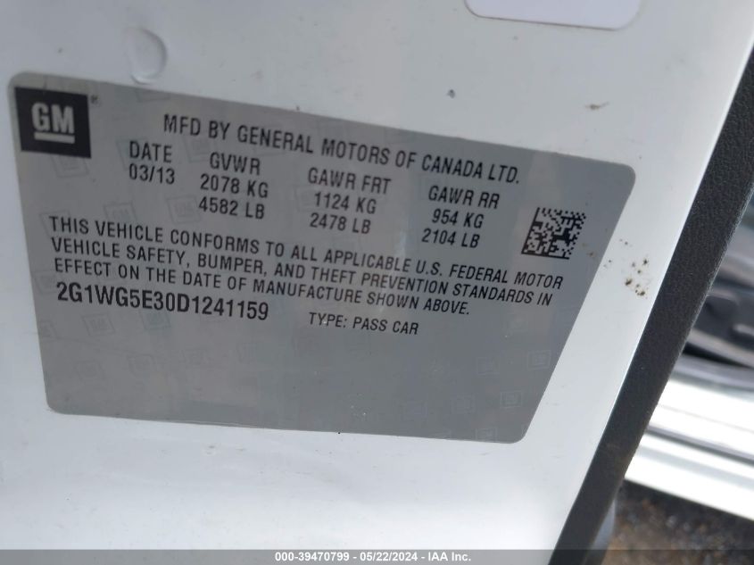 2013 Chevrolet Impala Lt VIN: 2G1WG5E30D1241159 Lot: 39470799