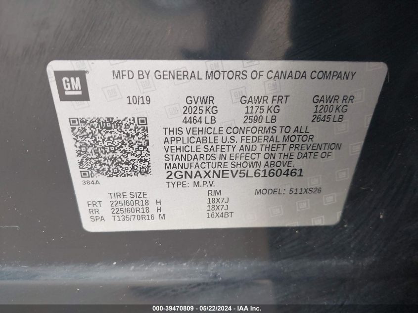 2020 Chevrolet Equinox Fwd Premier 1.5L Turbo VIN: 2GNAXNEV5L6160461 Lot: 39470809