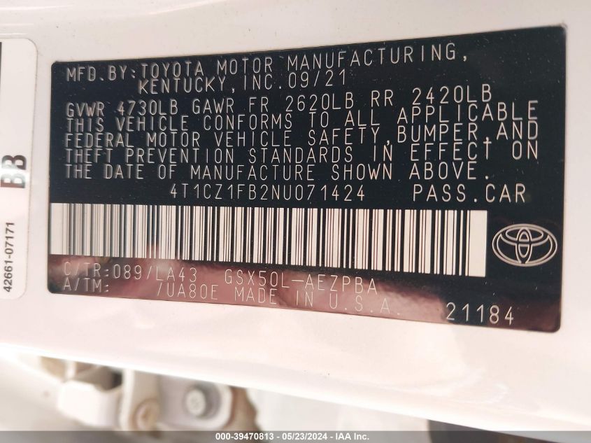 2022 Toyota Avalon Limited VIN: 4T1CZ1FB2NU071424 Lot: 39470813