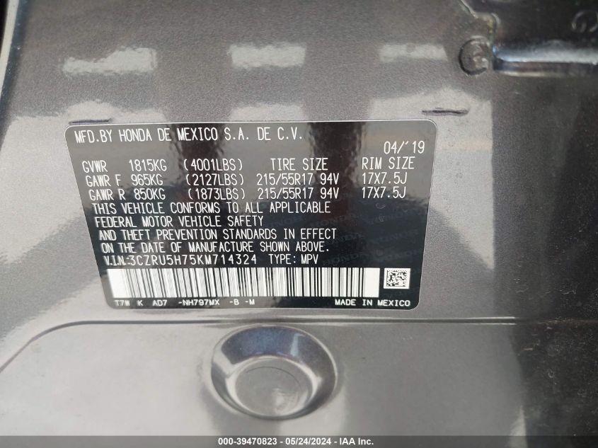 2019 Honda Hr-V Ex-L VIN: 3CZRU5H75KM714324 Lot: 39470823