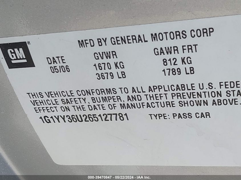 2006 Chevrolet Corvette VIN: 1G1YY36U265127781 Lot: 39470847