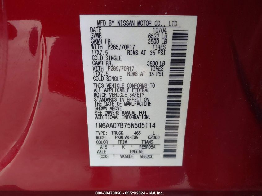 2005 Nissan Titan Le VIN: 1N6AA07B75N505114 Lot: 39470850