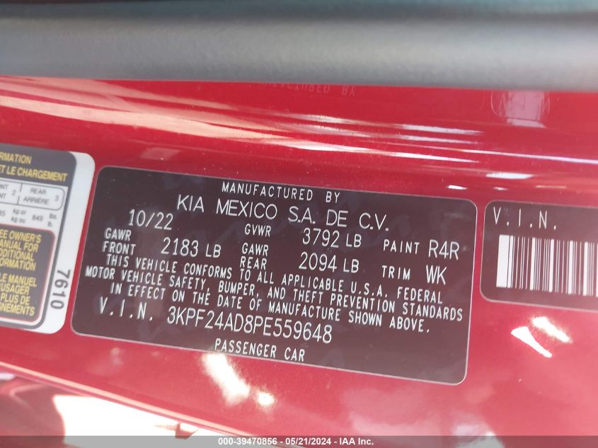 2023 Kia Forte Lxs VIN: 3KPF24AD8PE559648 Lot: 39470856